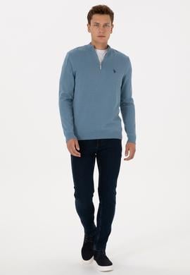 Erkek Slim Fit Yarım Fermuarlı Mavi Basic Kazak - 50313695098