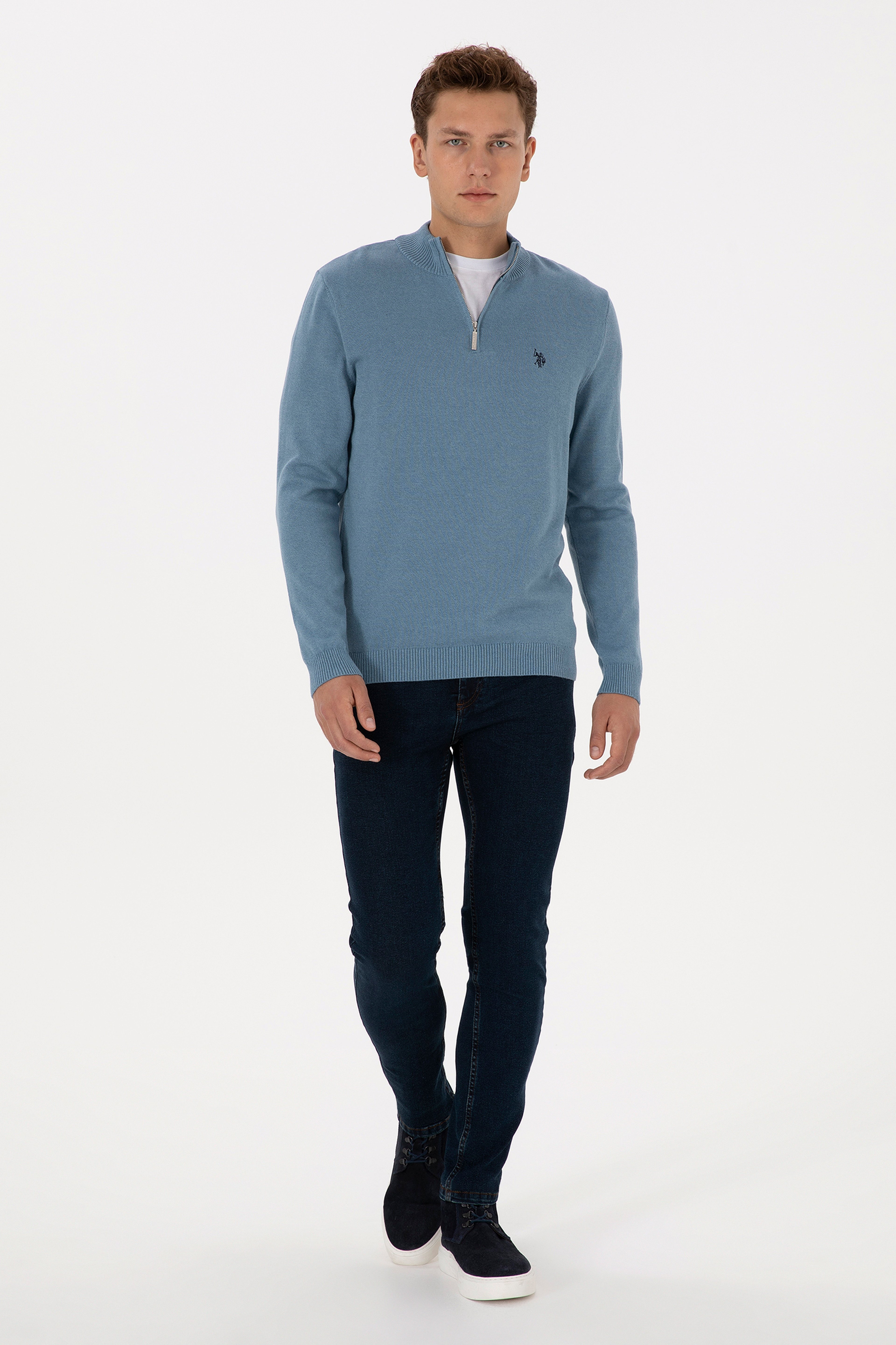 Erkek Slim Fit Yarım Fermuarlı Mavi Basic Kazak