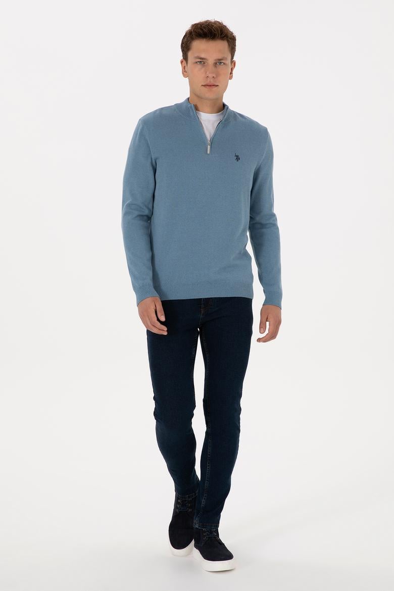 Erkek Slim Fit Yarım Fermuarlı Mavi Basic Kazak - 50313695098