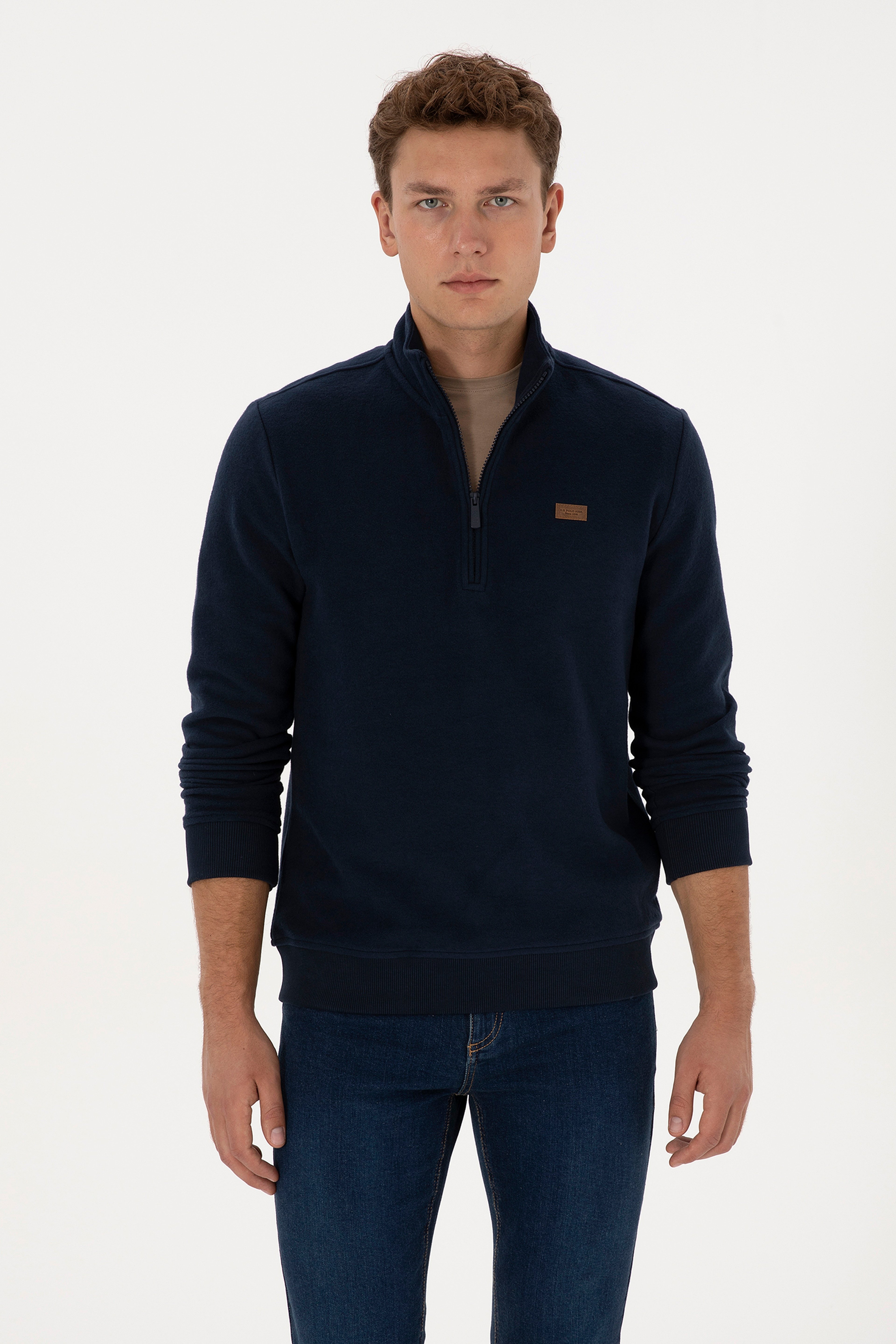 Erkek Regular Fit Yarım Fermuarlı Şardonlu Polo Yaka Lacivert Basic Sweatshirt