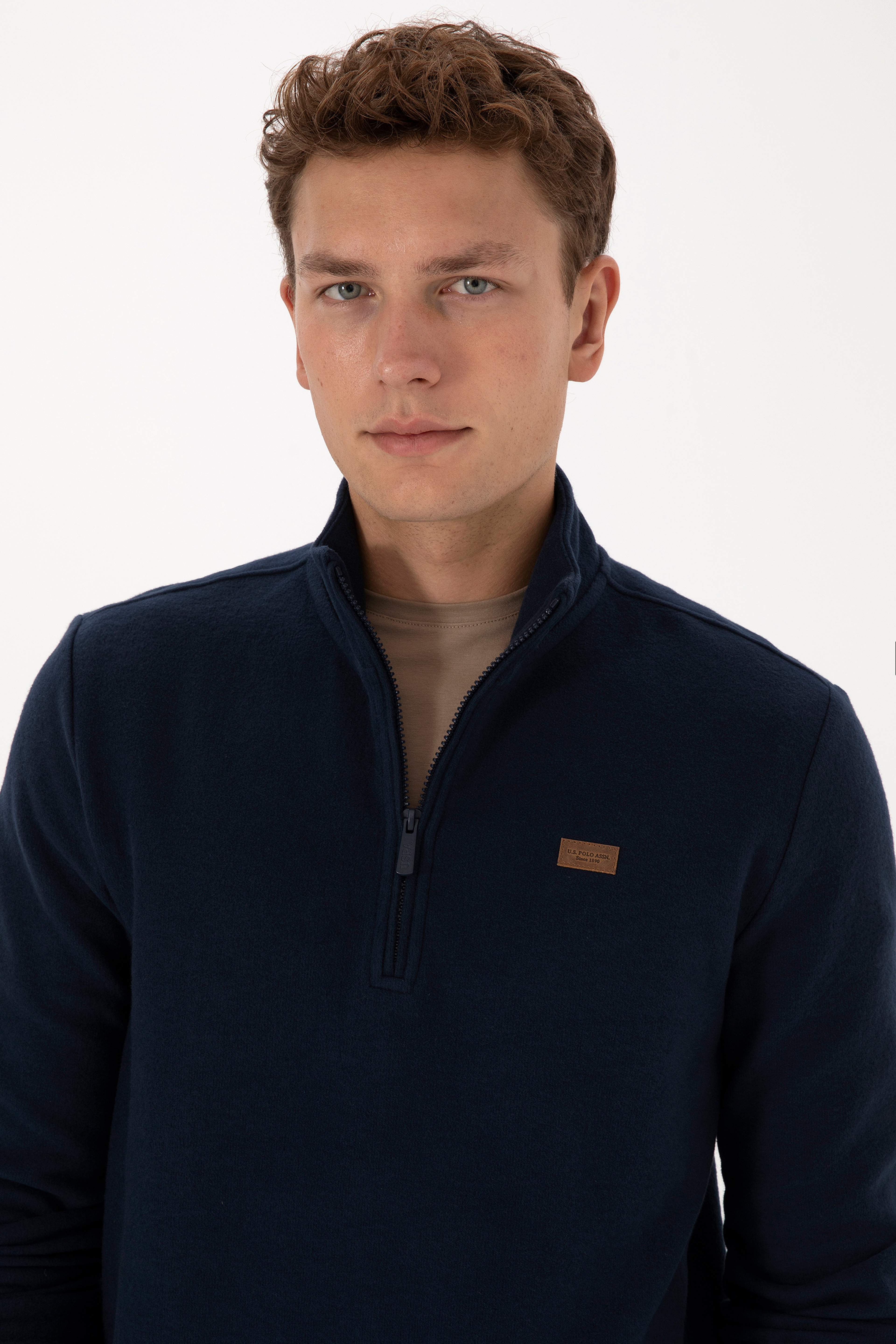 Erkek Regular Fit Yarım Fermuarlı Şardonlu Polo Yaka Lacivert Basic Sweatshirt