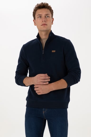 Erkek Regular Fit Yarım Fermuarlı Şardonlu Polo Yaka Lacivert Basic Sweatshirt