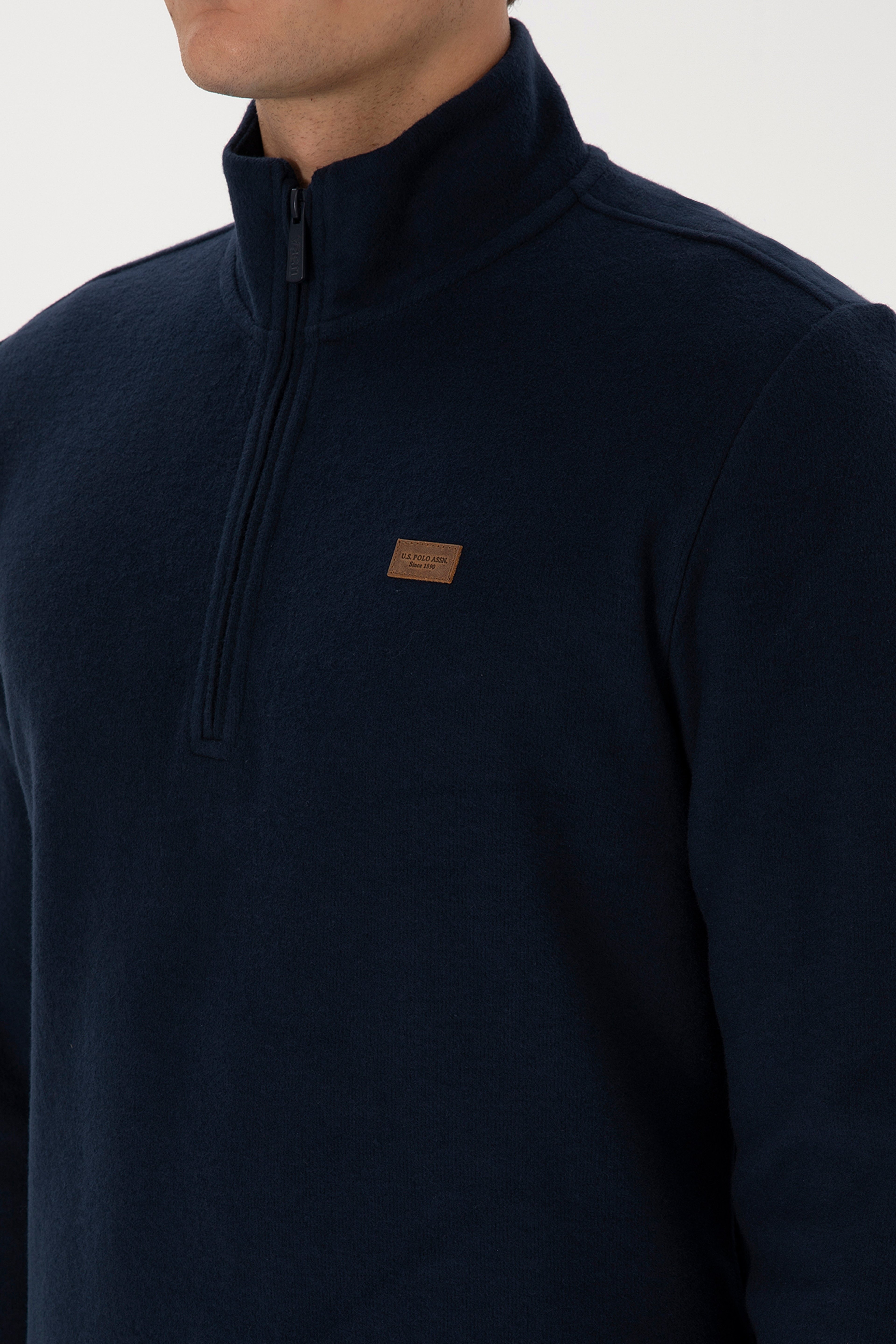 Erkek Regular Fit Yarım Fermuarlı Şardonlu Polo Yaka Lacivert Basic Sweatshirt