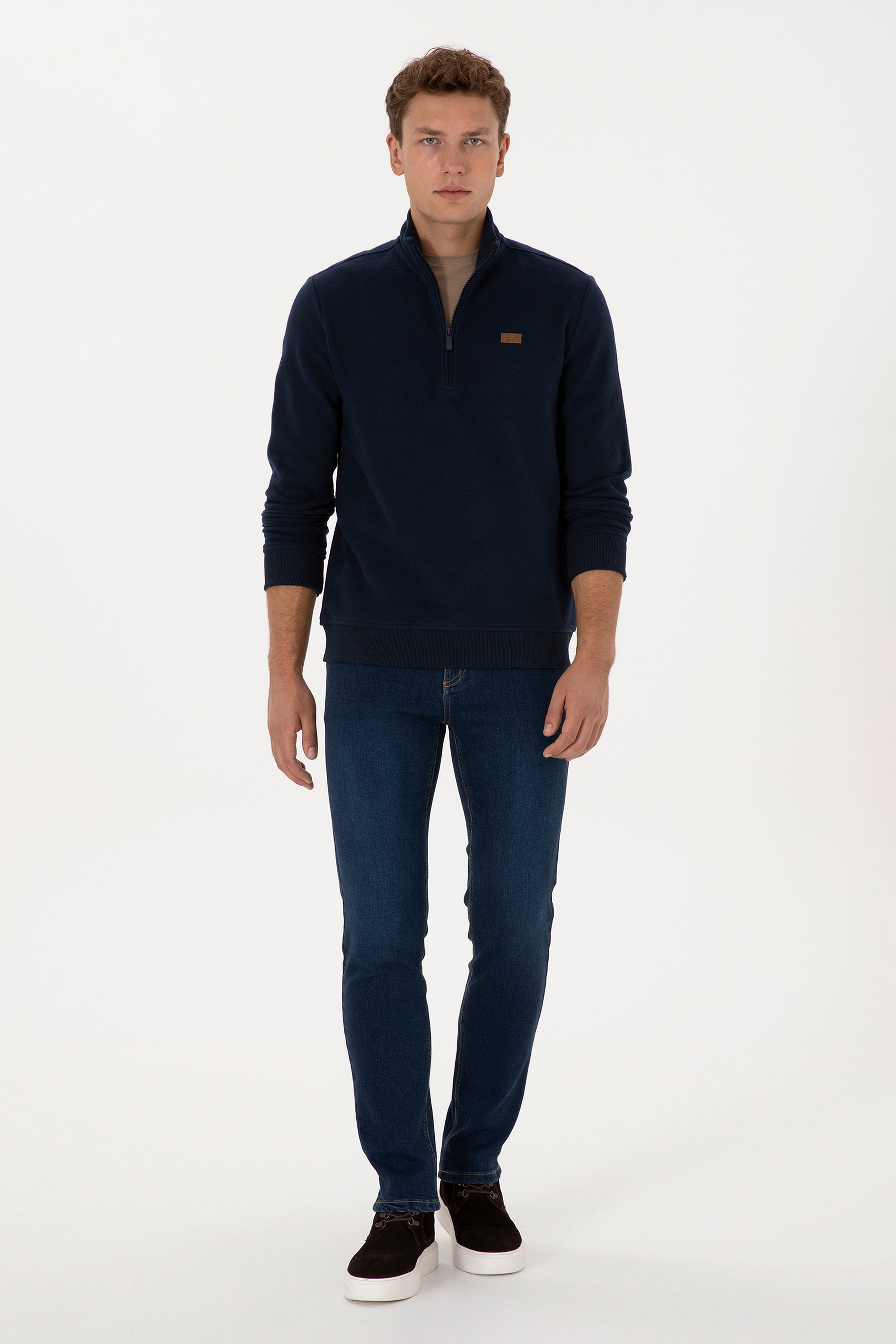 Erkek Regular Fit Yarım Fermuarlı Şardonlu Polo Yaka Lacivert Basic Sweatshirt - Image 4