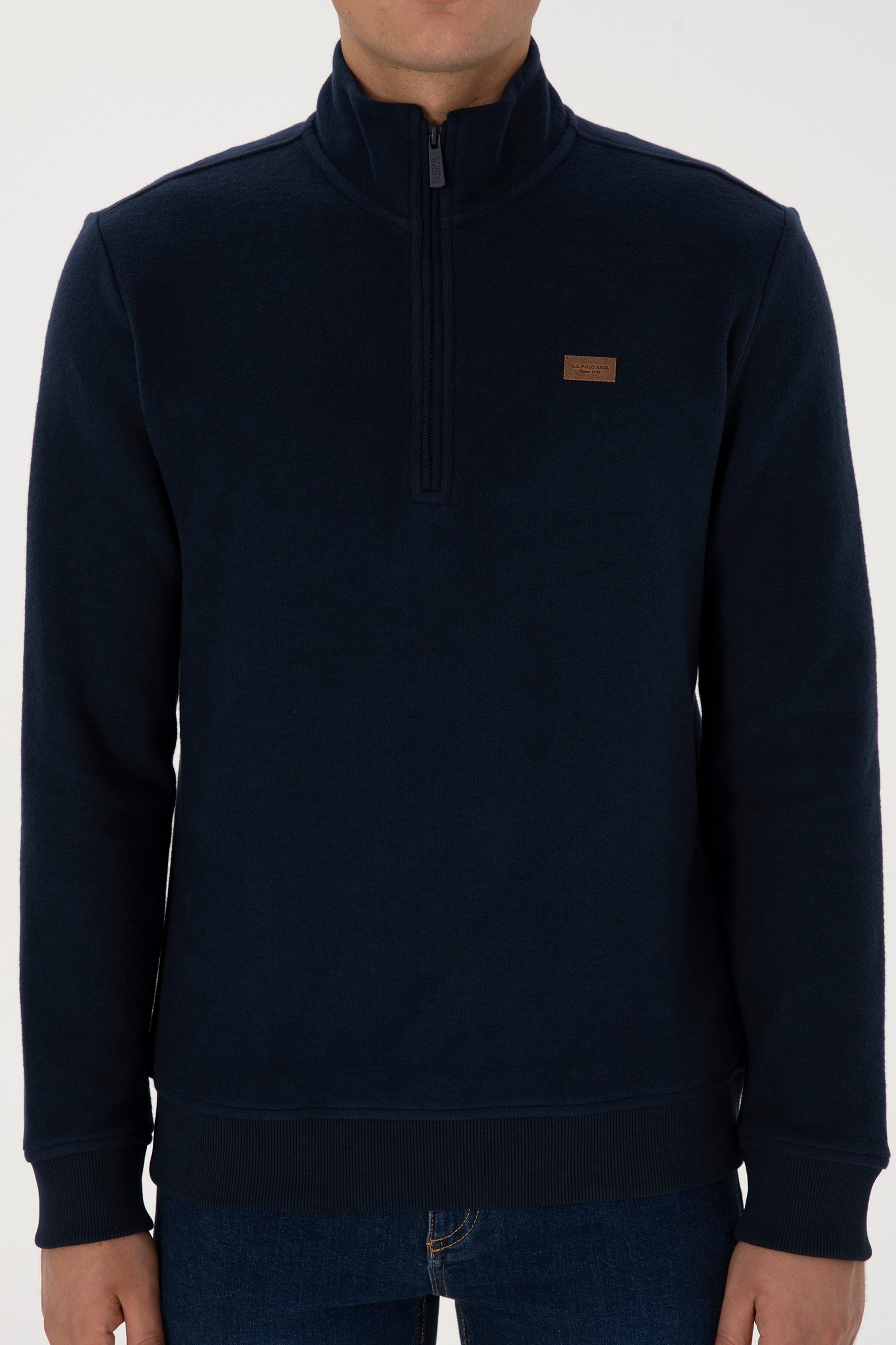 Erkek Regular Fit Yarım Fermuarlı Şardonlu Polo Yaka Lacivert Basic Sweatshirt - Image 6
