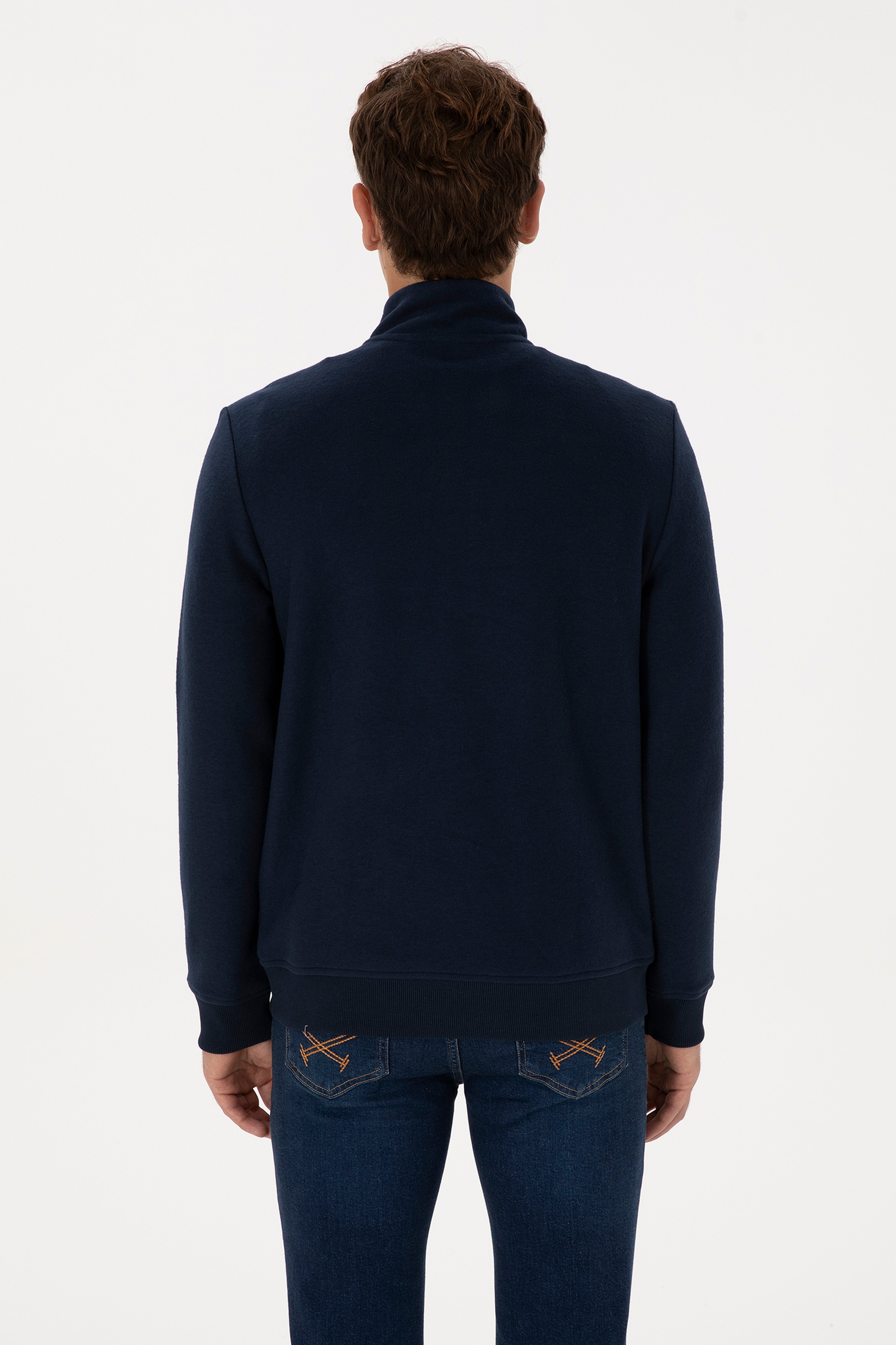 Erkek Regular Fit Yarım Fermuarlı Şardonlu Polo Yaka Lacivert Basic Sweatshirt - Image 5