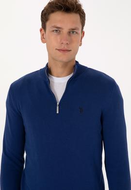 Erkek Slim Fit Yarım Fermuarlı İndigo Basic Kazak - 50313695064