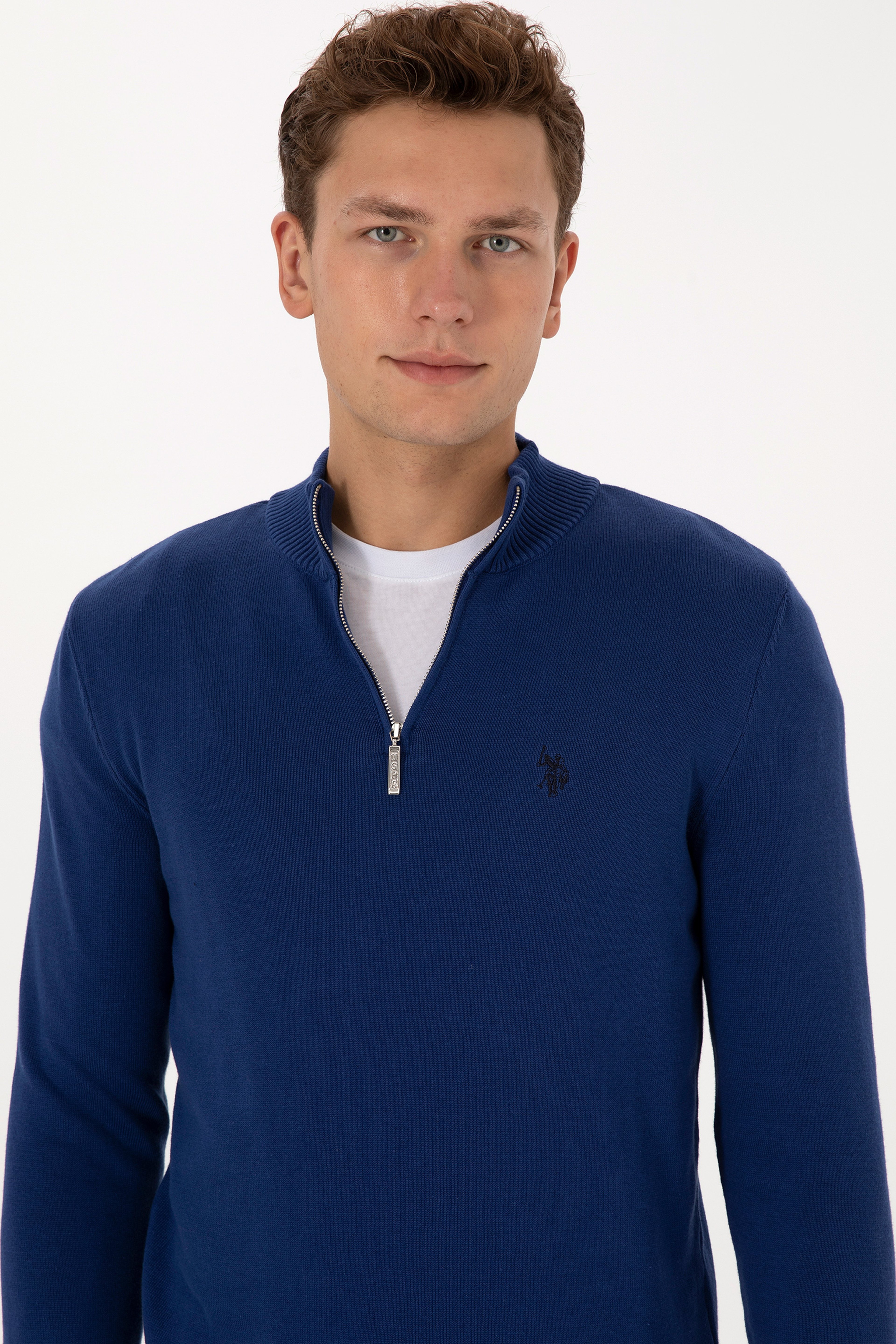 Erkek Slim Fit Yarım Fermuarlı İndigo Basic Kazak