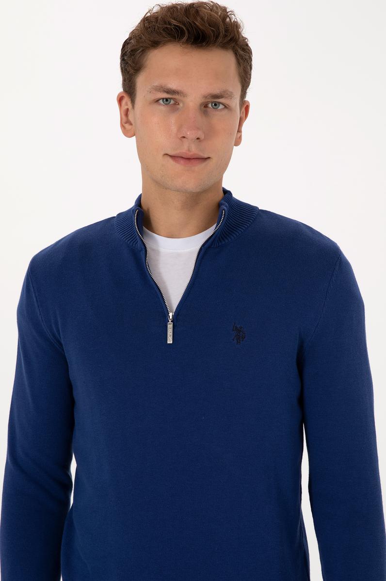 Erkek Slim Fit Yarım Fermuarlı İndigo Basic Kazak