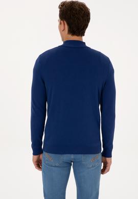 Erkek Slim Fit Yarım Fermuarlı İndigo Basic Kazak - 50313695064