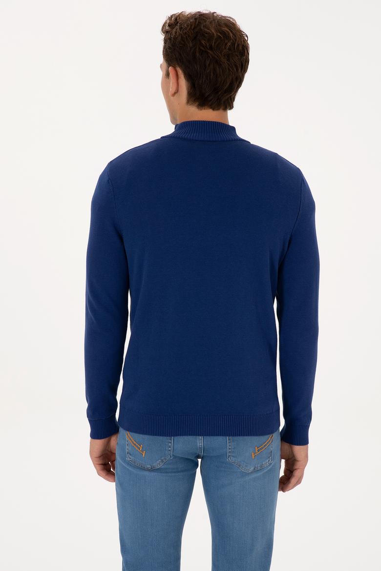 Erkek Slim Fit Yarım Fermuarlı İndigo Basic Kazak - 50313695064