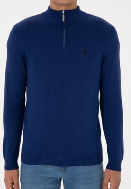 Erkek Slim Fit Yarım Fermuarlı İndigo Basic Kazak - 50313695064