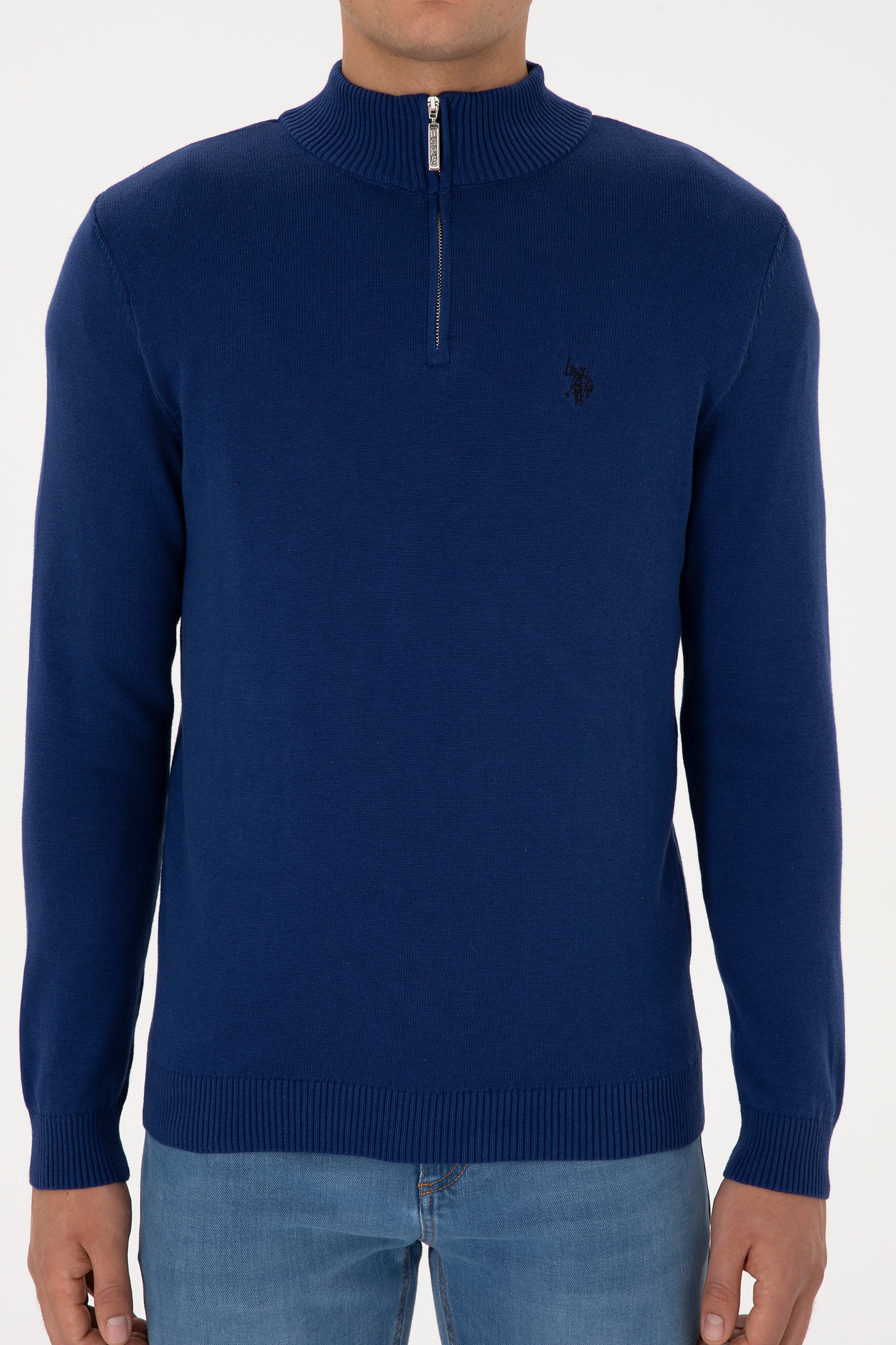Erkek Slim Fit Yarım Fermuarlı İndigo Basic Kazak