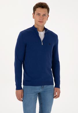 Erkek Slim Fit Yarım Fermuarlı İndigo Basic Kazak - 50313695064