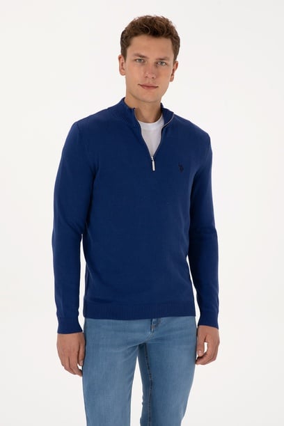 Erkek Slim Fit Yarım Fermuarlı İndigo Basic Kazak