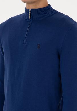 Erkek Slim Fit Yarım Fermuarlı İndigo Basic Kazak - 50313695064