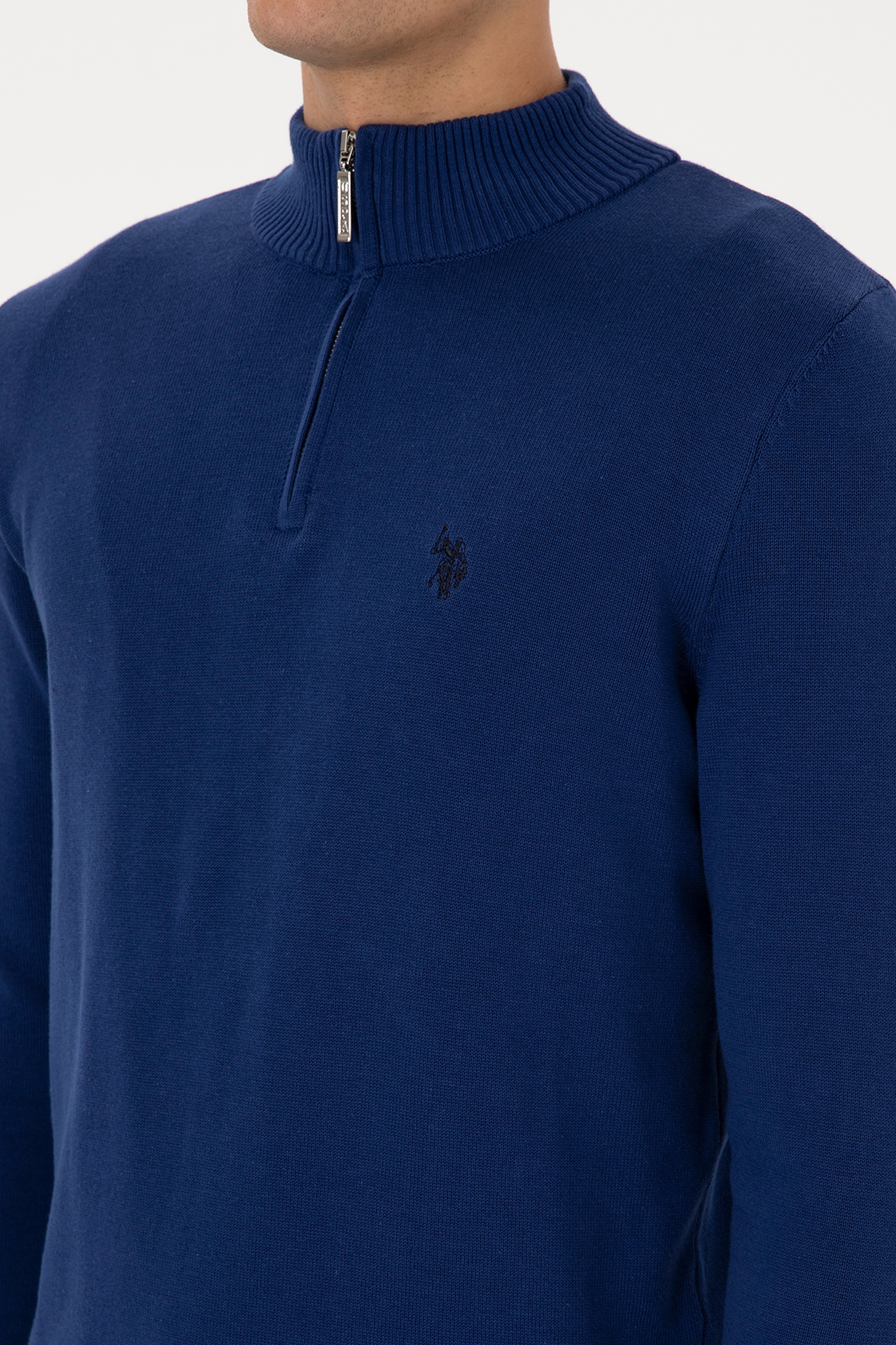 Erkek Slim Fit Yarım Fermuarlı İndigo Basic Kazak - Image 7