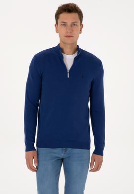 Erkek Slim Fit Yarım Fermuarlı İndigo Basic Kazak - 50313695064