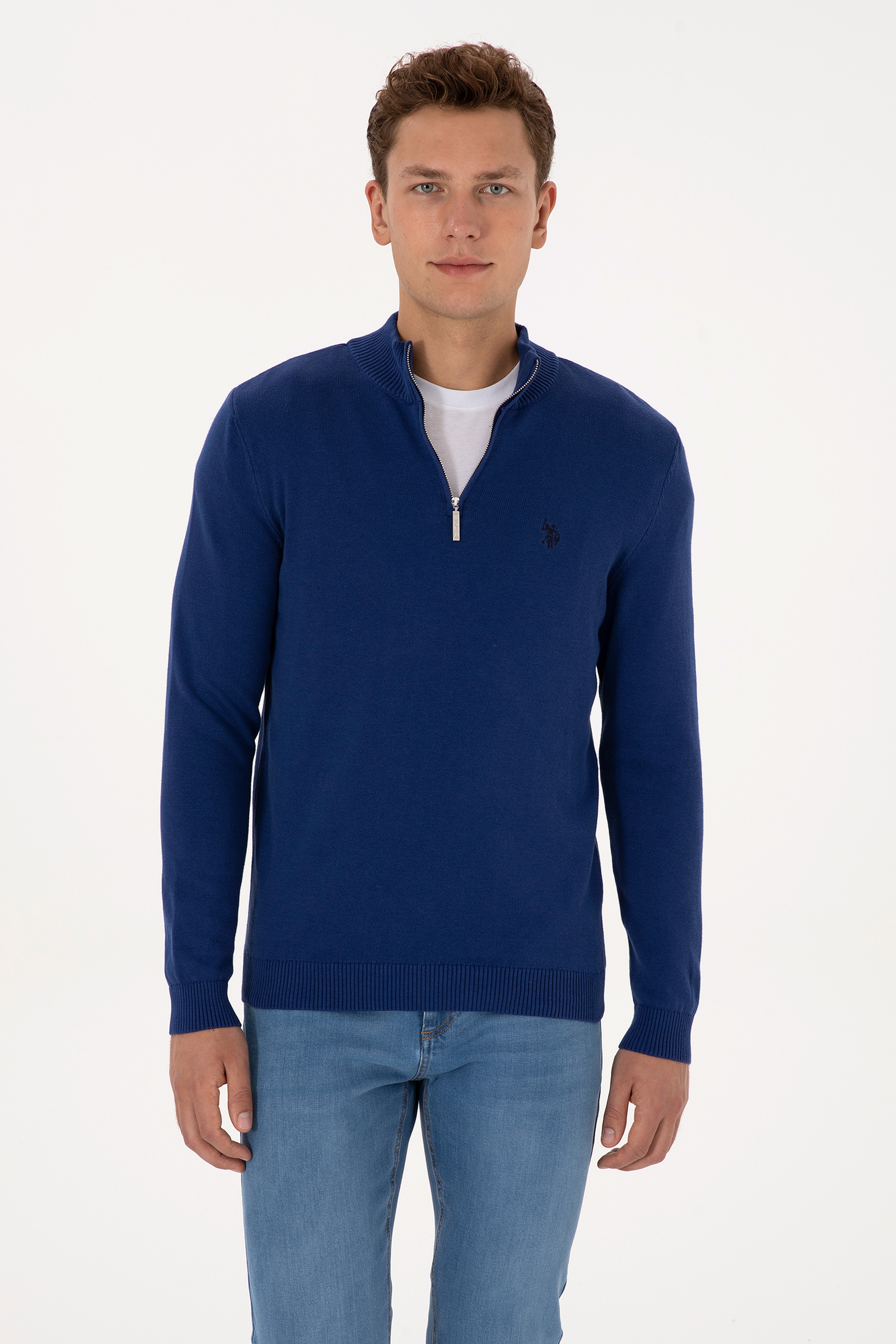 Erkek Slim Fit Yarım Fermuarlı İndigo Basic Kazak - Image 1