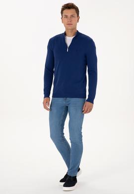 Erkek Slim Fit Yarım Fermuarlı İndigo Basic Kazak - 50313695064