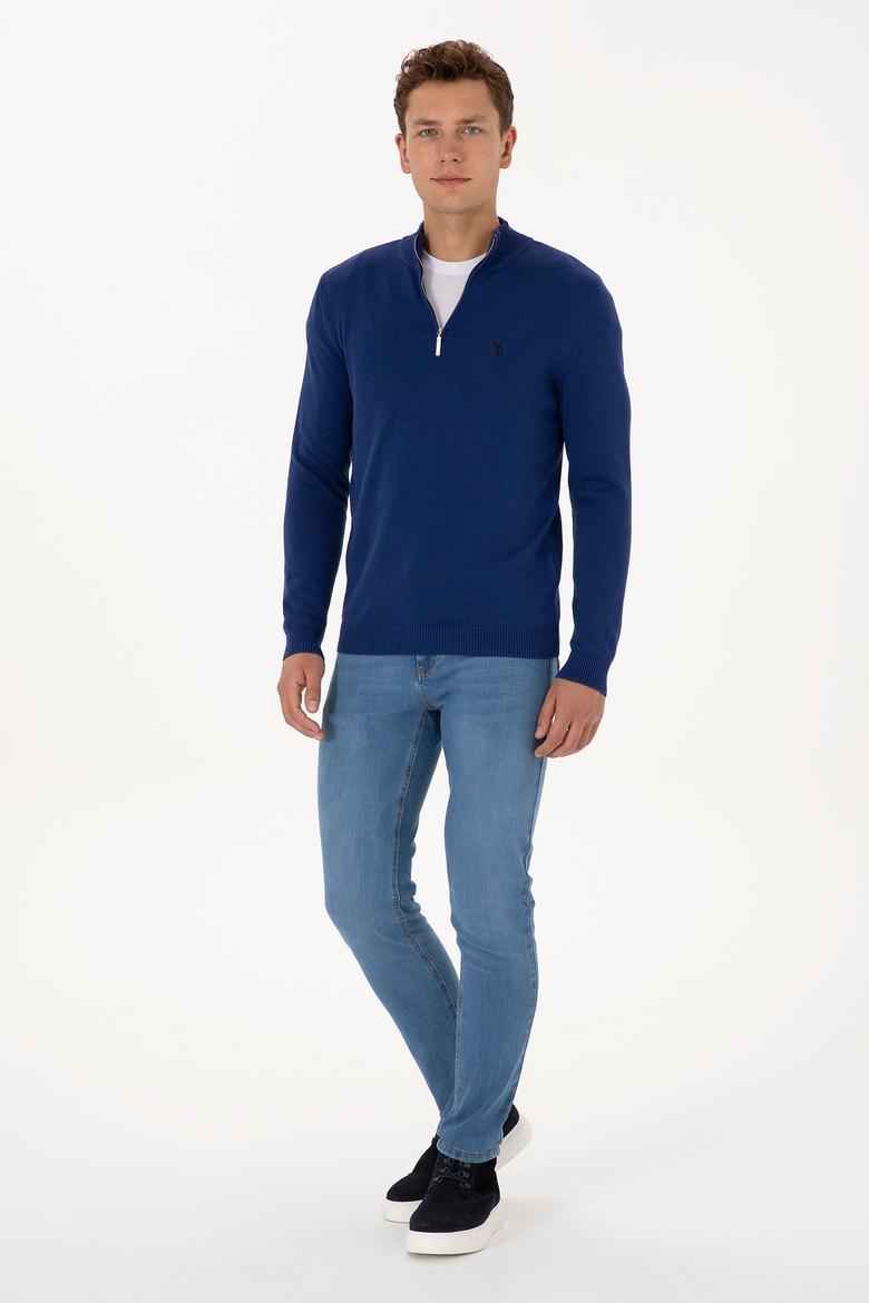 Erkek Slim Fit Yarım Fermuarlı İndigo Basic Kazak - 50313695064