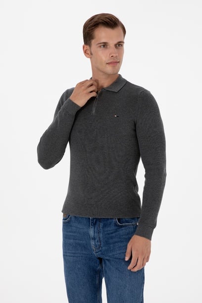 Erkek Regular Fit Yarım Fermuarlı Antrasit Melanj Basic Kazak