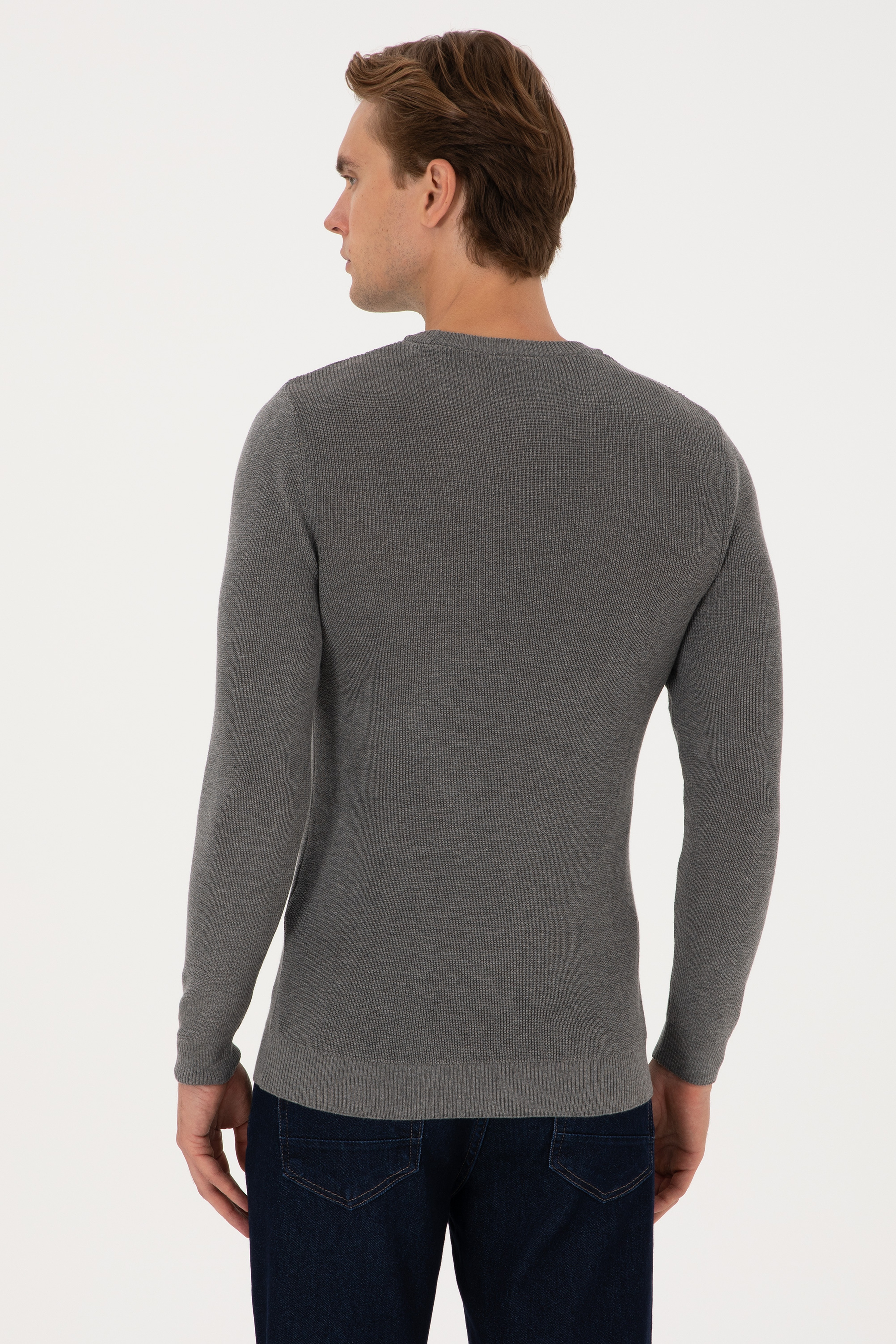 Erkek Slim Fit Bisiklet Yaka Gri Melanj Basic Kazak - Image 5