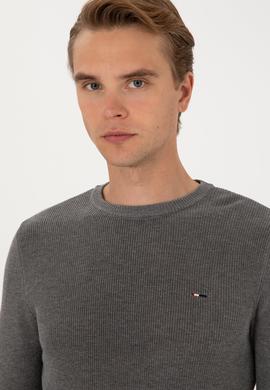 Erkek Slim Fit Bisiklet Yaka Gri Melanj Basic Kazak - 50313667060