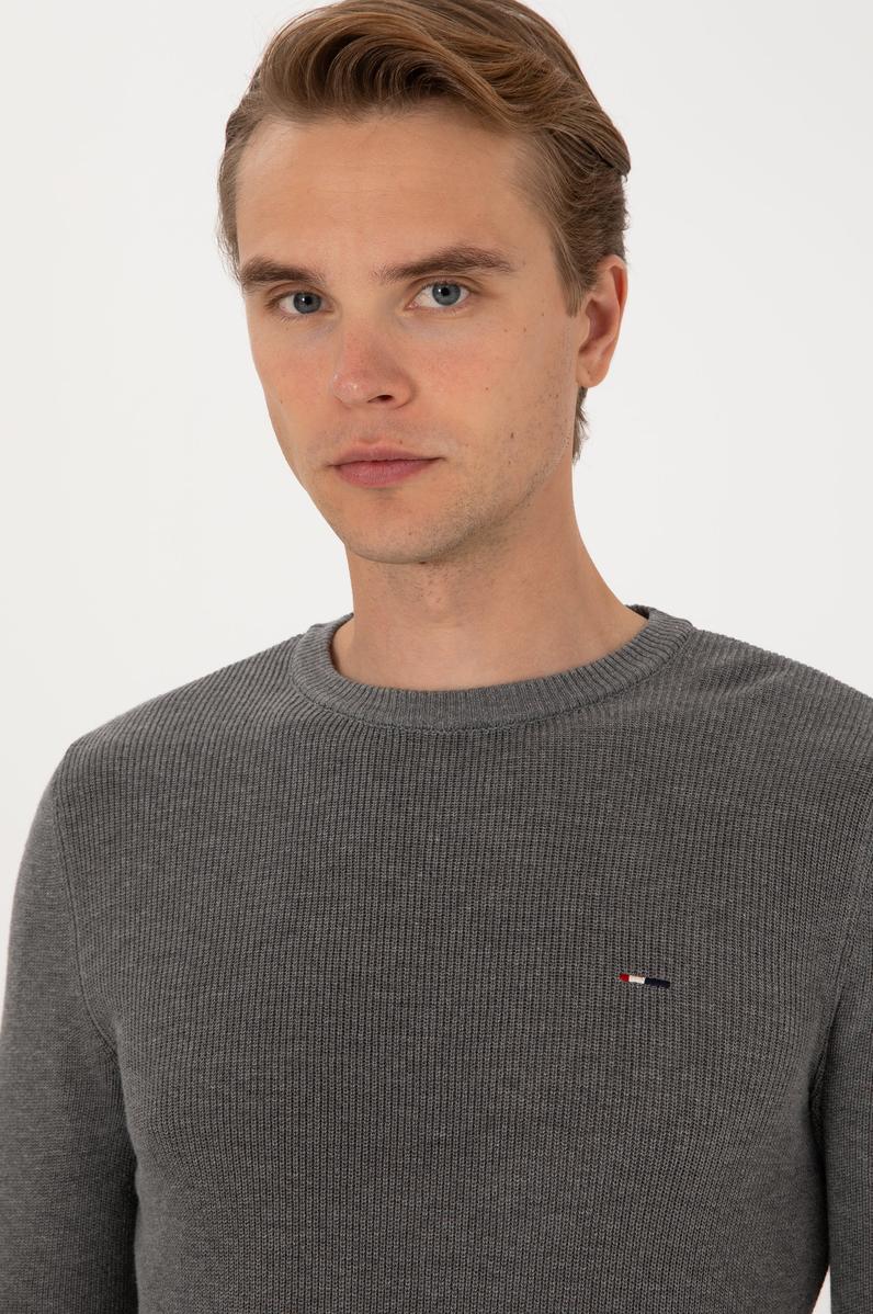 Erkek Slim Fit Bisiklet Yaka Gri Melanj Basic Kazak