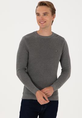 Erkek Slim Fit Bisiklet Yaka Gri Melanj Basic Kazak - 50313667060