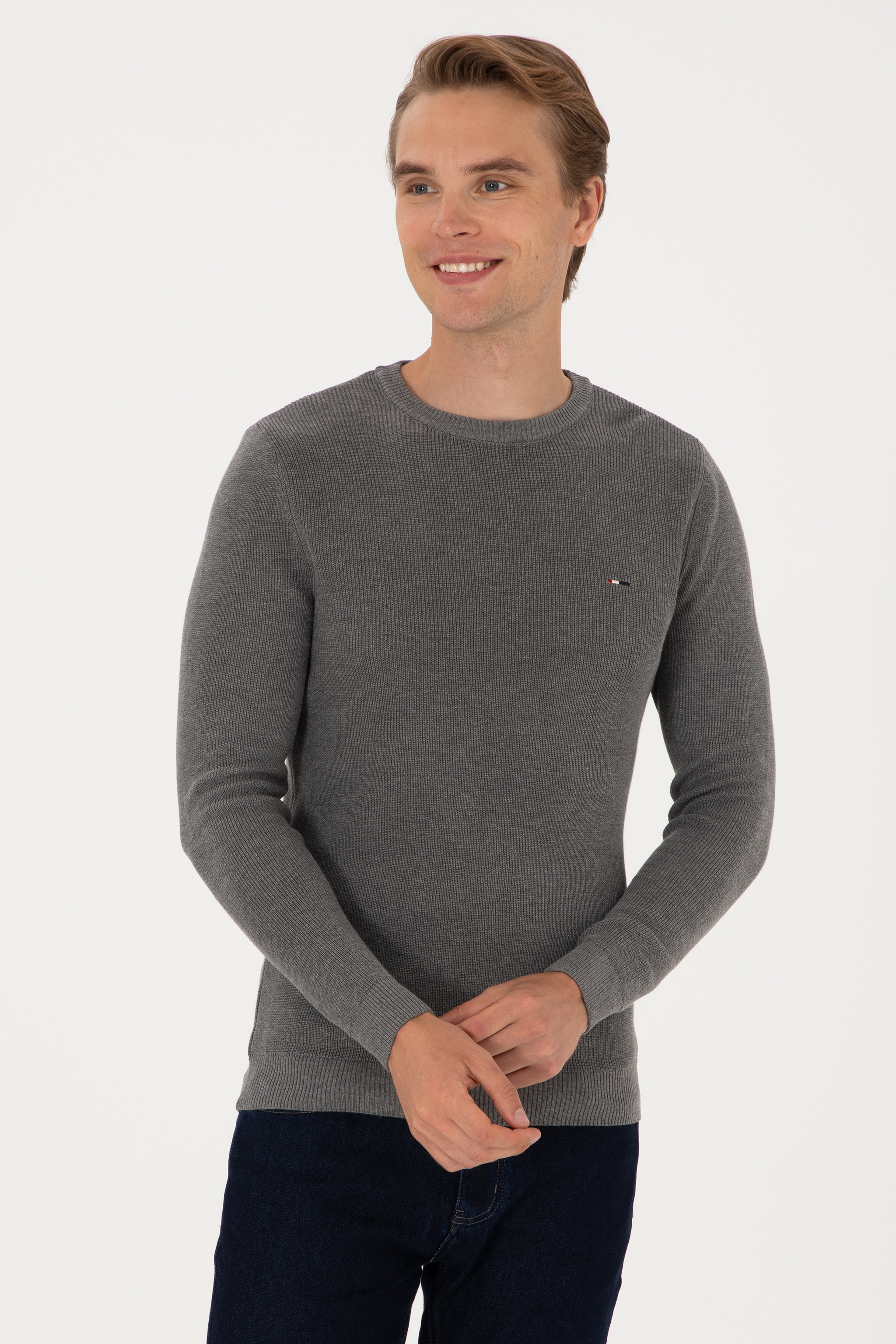 Erkek Slim Fit Bisiklet Yaka Gri Melanj Basic Kazak - Image 3