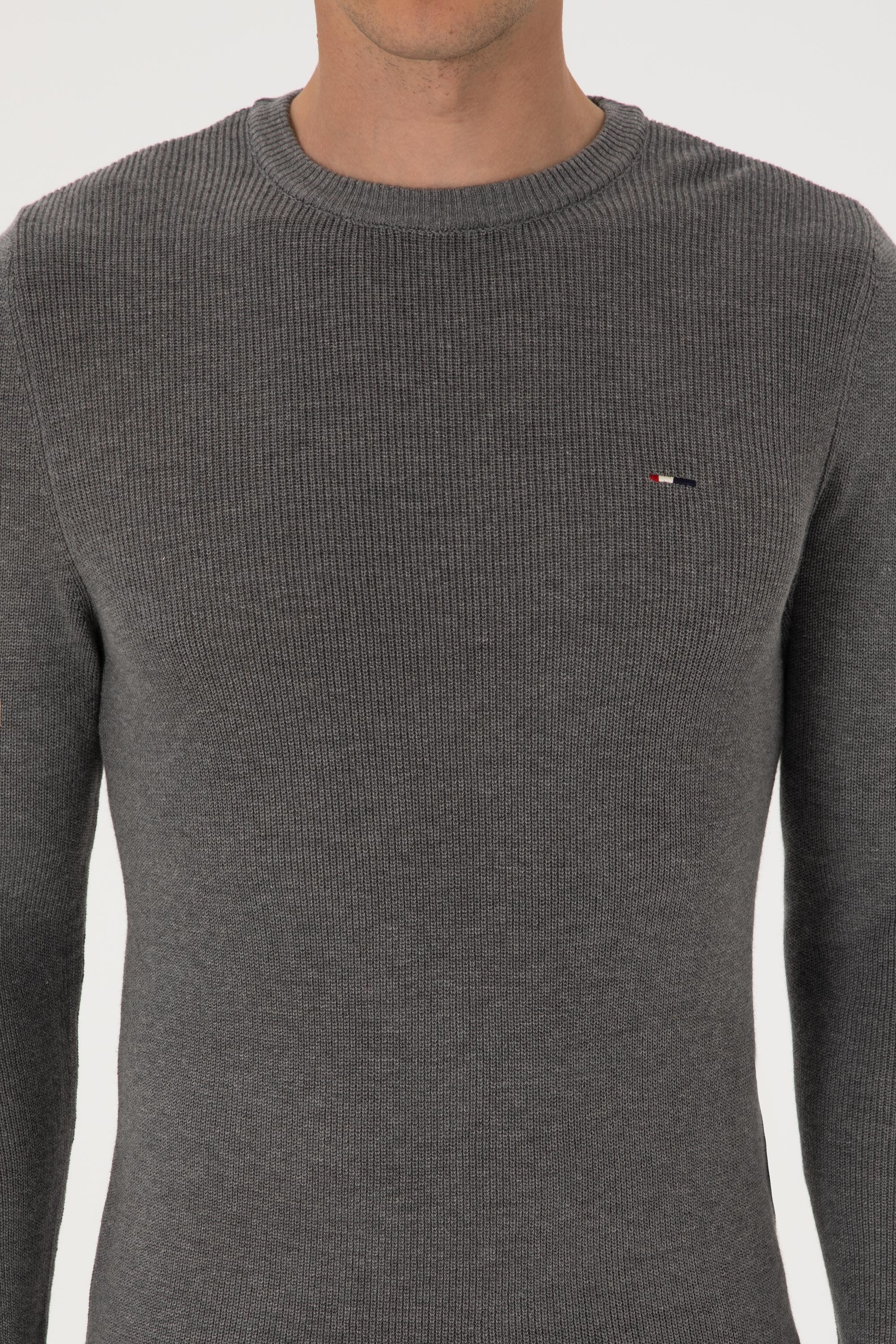 Erkek Slim Fit Bisiklet Yaka Gri Melanj Basic Kazak - Image 6