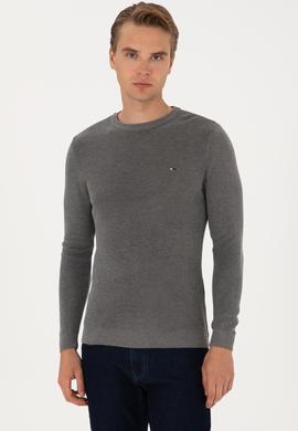 Erkek Slim Fit Bisiklet Yaka Gri Melanj Basic Kazak - 50313667060