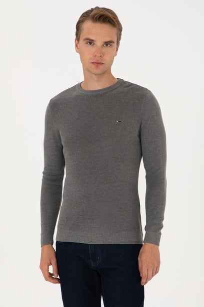 Erkek Slim Fit Bisiklet Yaka Gri Melanj Basic Kazak