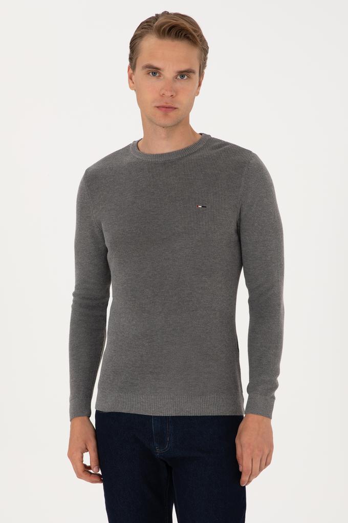 Erkek Slim Fit Bisiklet Yaka Gri Melanj Basic Kazak