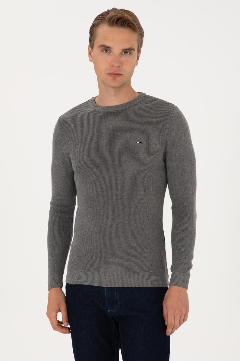 Erkek Slim Fit Bisiklet Yaka Gri Melanj Basic Kazak