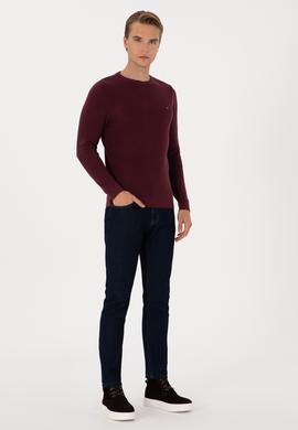 Erkek Slim Fit Bisiklet Yaka Bordo Basic Kazak - 50313667089