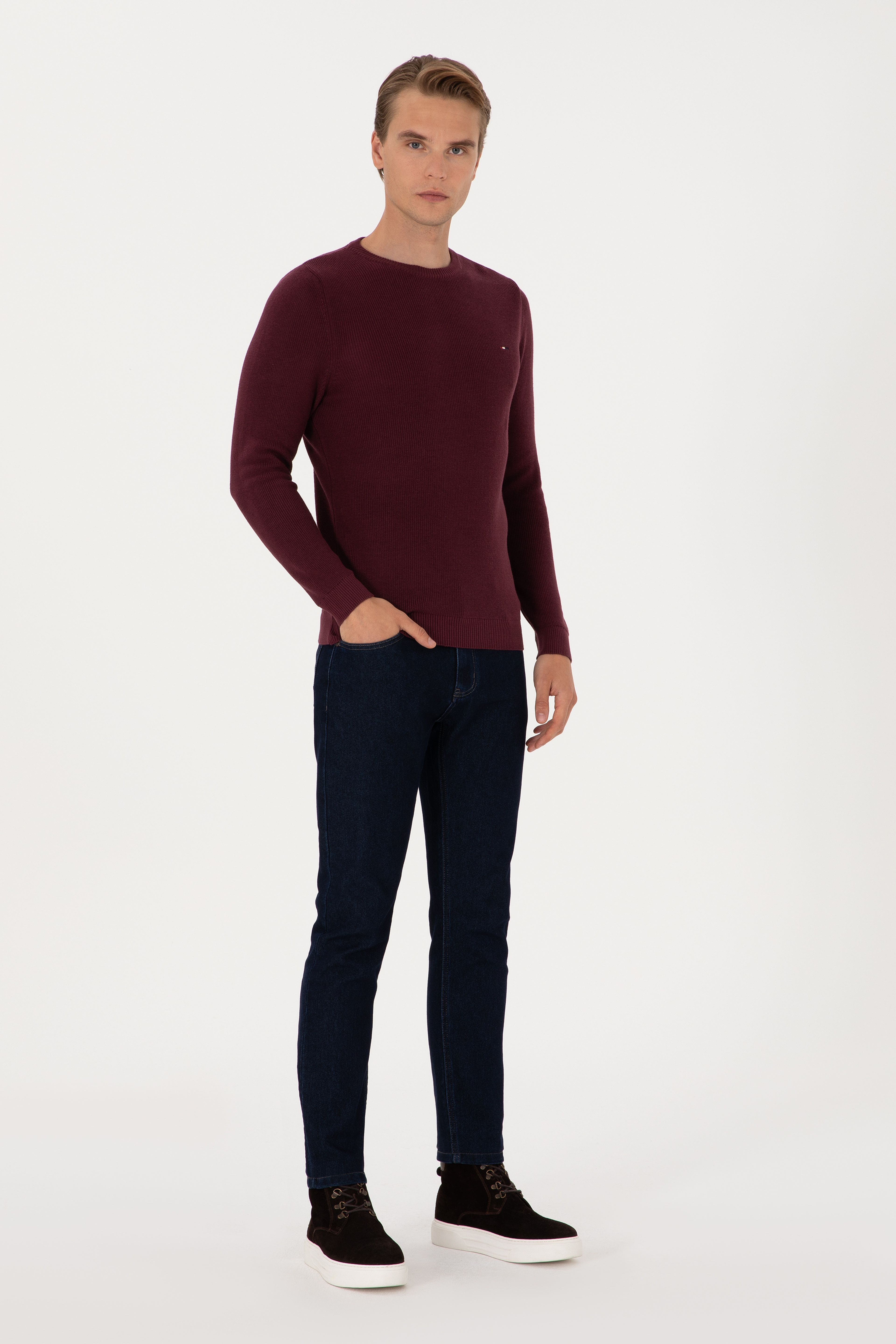 Erkek Slim Fit Bisiklet Yaka Bordo Basic Kazak