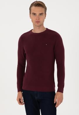 Erkek Slim Fit Bisiklet Yaka Bordo Basic Kazak - 50313667089