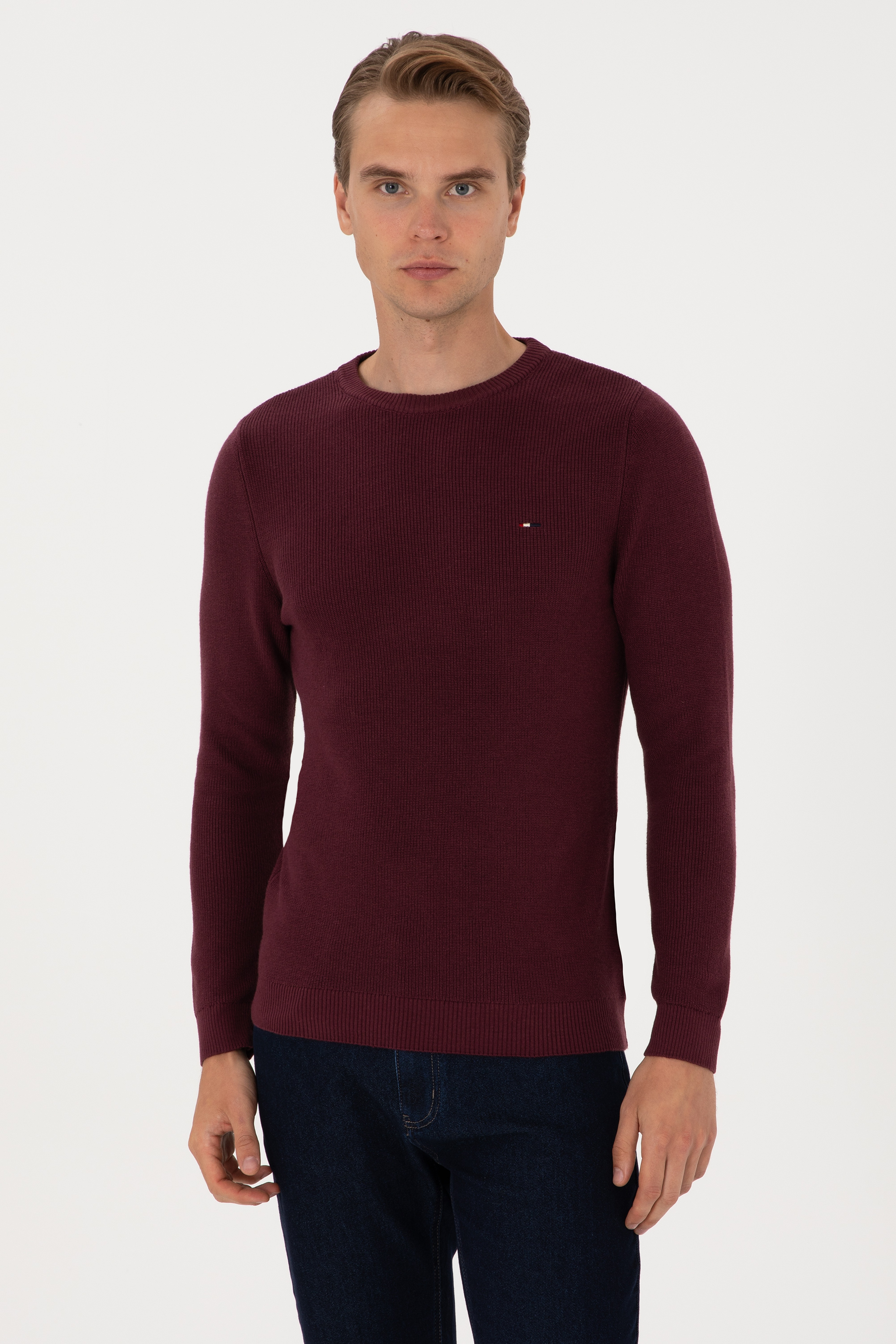Erkek Slim Fit Bisiklet Yaka Bordo Basic Kazak