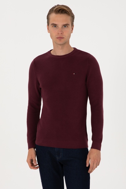 Erkek Slim Fit Bisiklet Yaka Bordo Basic Kazak