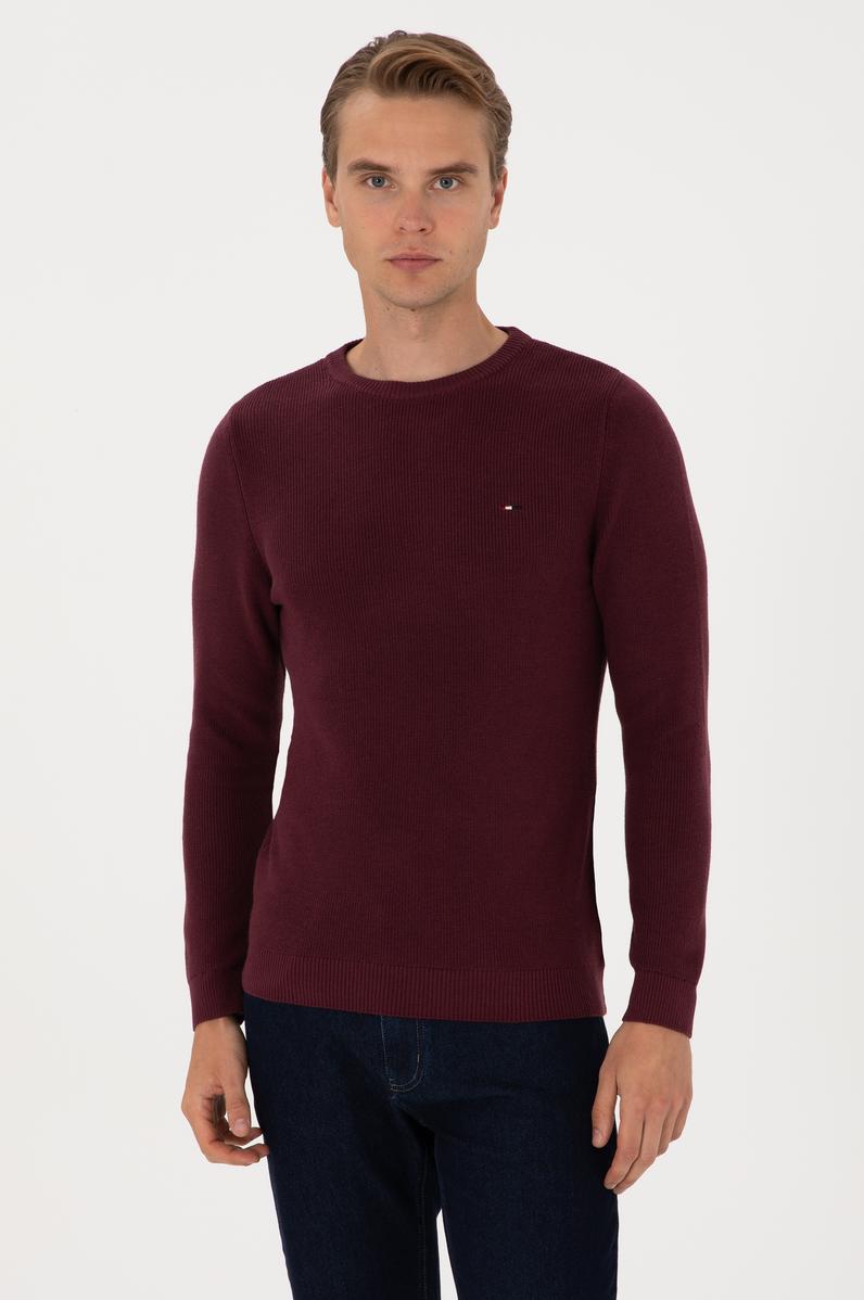 Erkek Slim Fit Bisiklet Yaka Bordo Basic Kazak