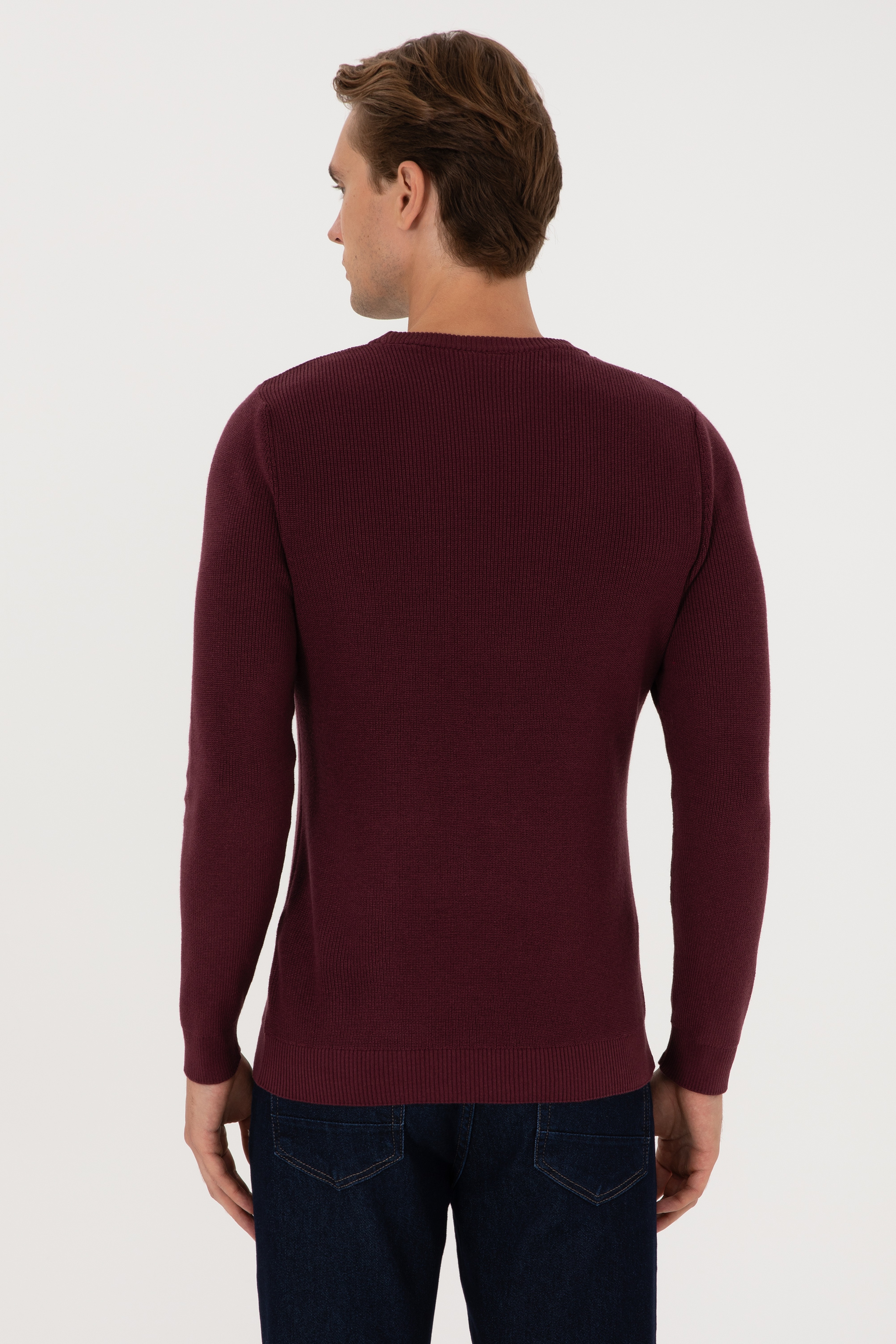 Erkek Slim Fit Bisiklet Yaka Bordo Basic Kazak - Image 5