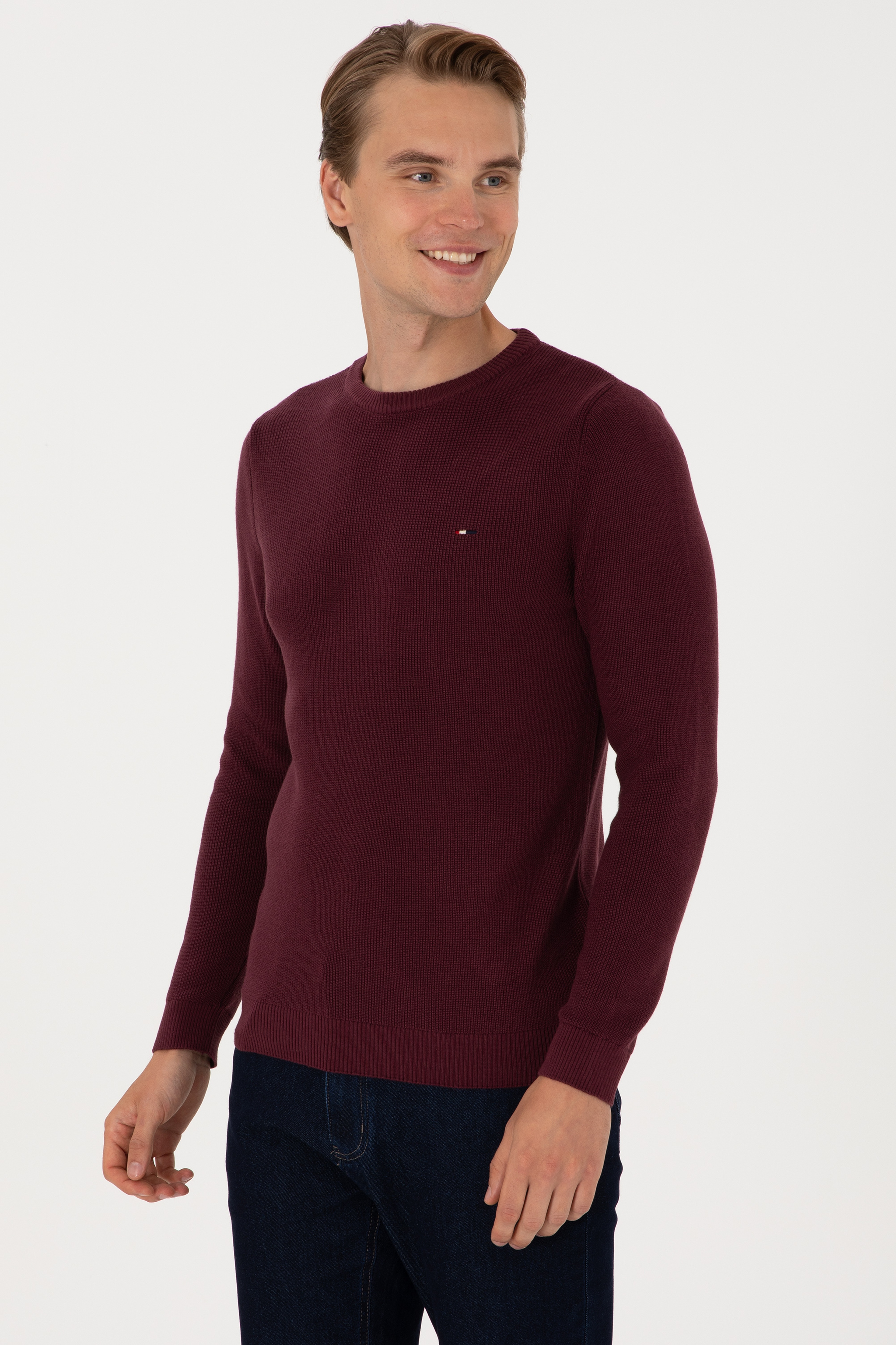 Erkek Slim Fit Bisiklet Yaka Bordo Basic Kazak - Image 3