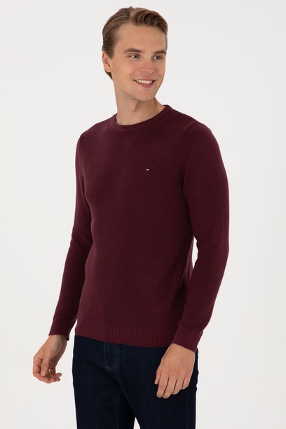 Erkek Slim Fit Bisiklet Yaka Bordo Basic Kazak