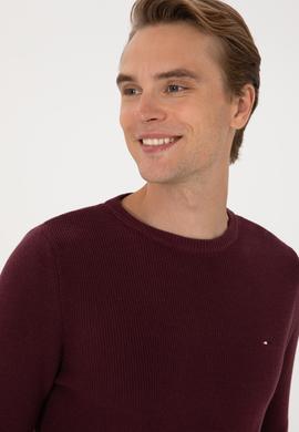 Erkek Slim Fit Bisiklet Yaka Bordo Basic Kazak - 50313667089