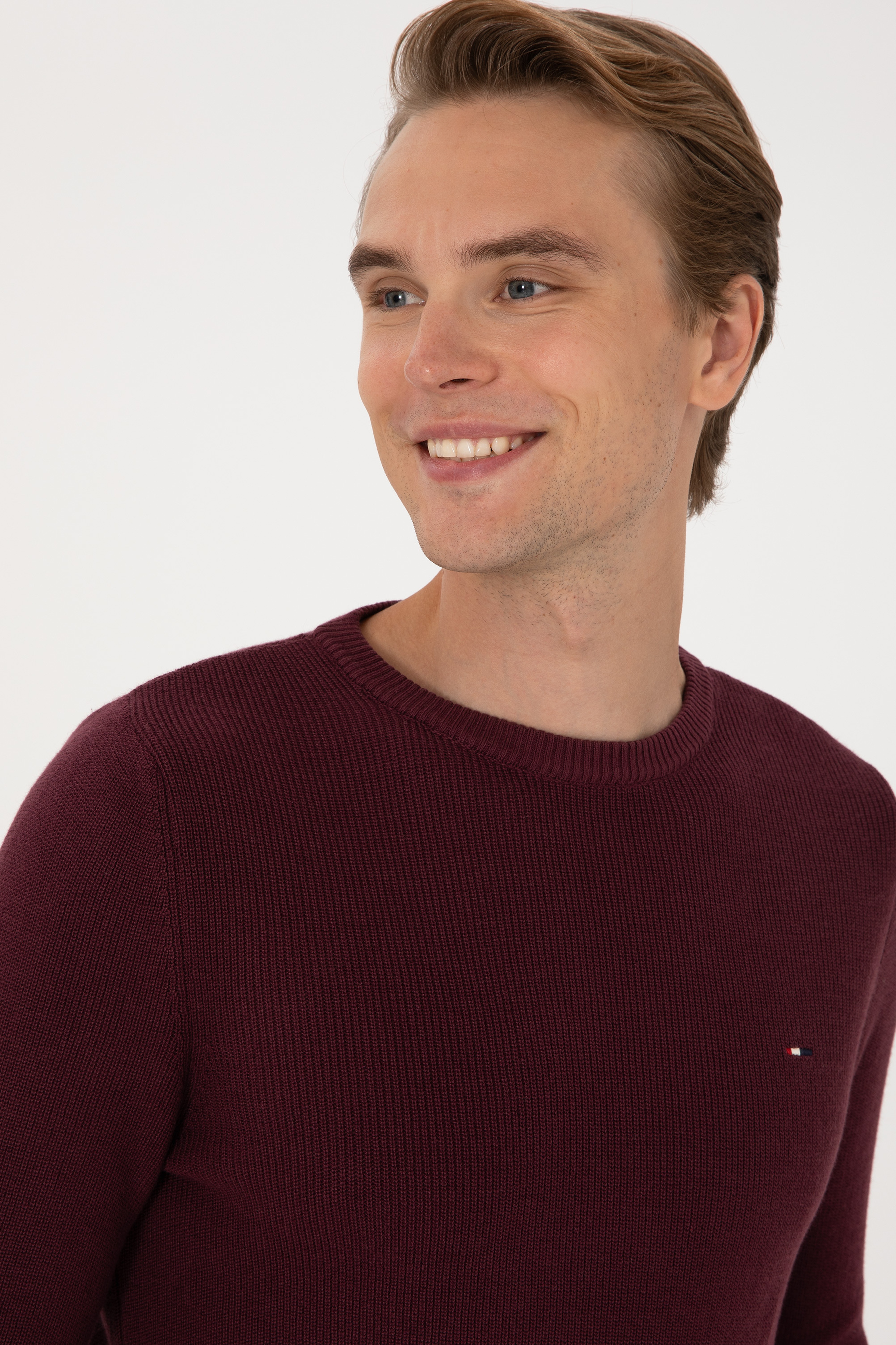Erkek Slim Fit Bisiklet Yaka Bordo Basic Kazak
