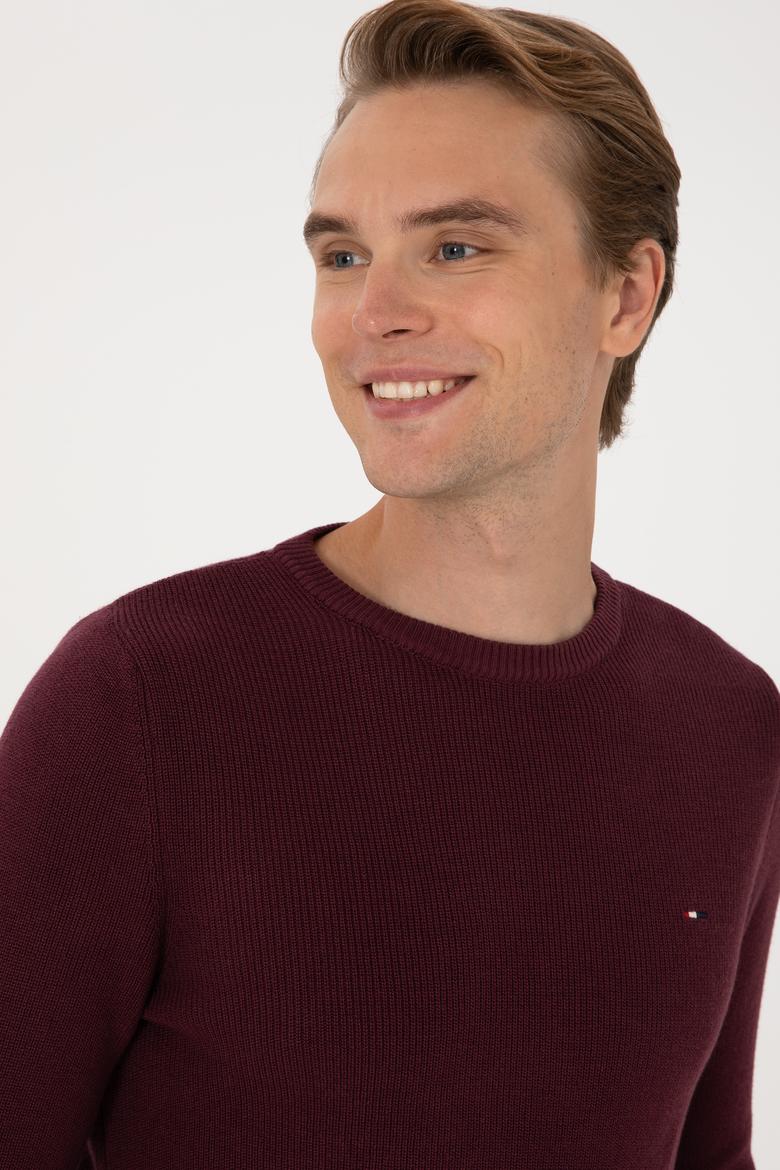 Erkek Slim Fit Bisiklet Yaka Bordo Basic Kazak - 50313667089