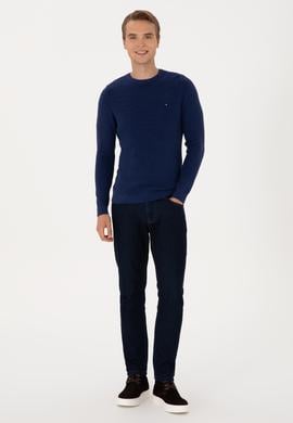 Erkek Slim Fit Bisiklet Yaka İndigo Basic Kazak - 50313667075