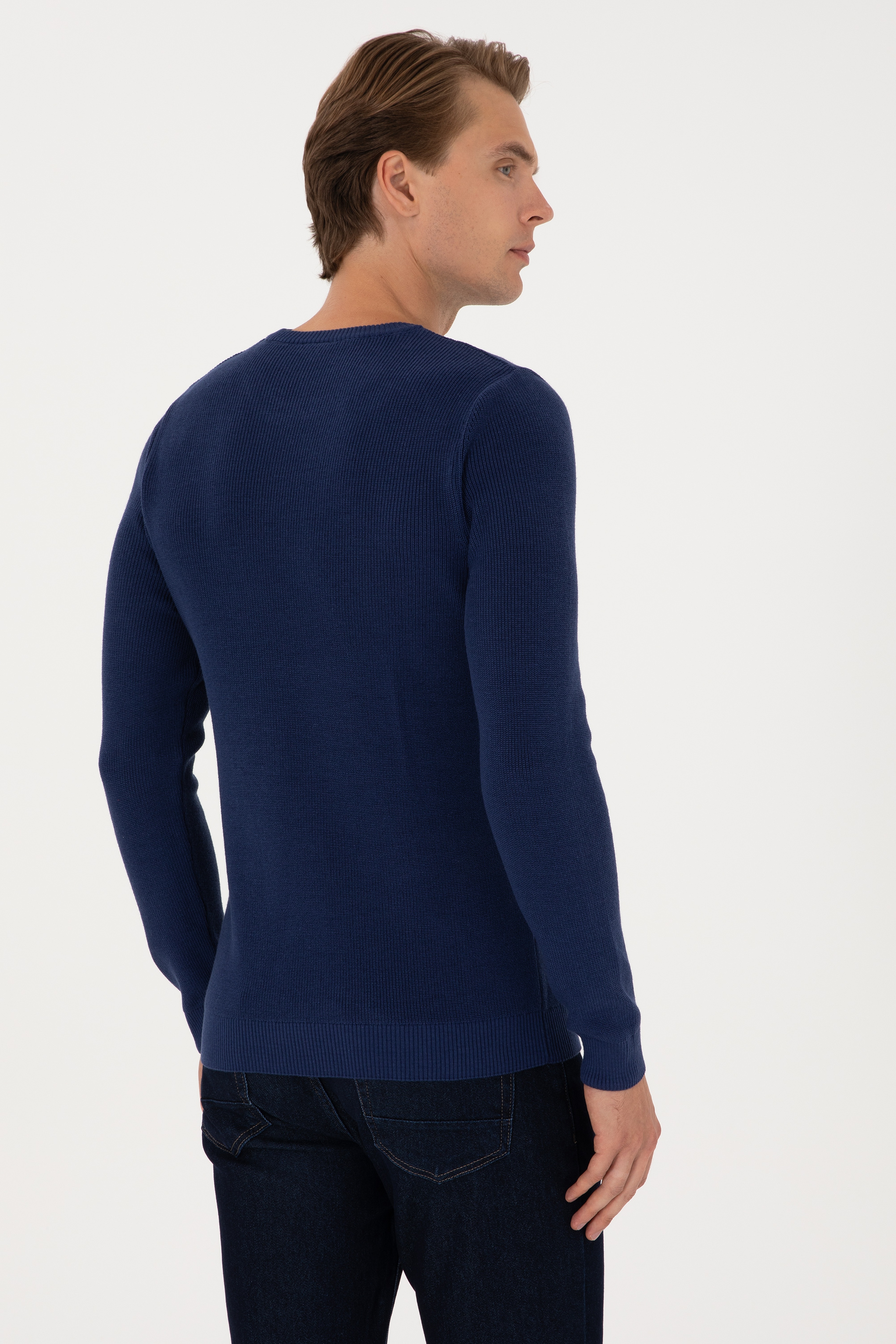 Erkek Slim Fit Bisiklet Yaka İndigo Basic Kazak